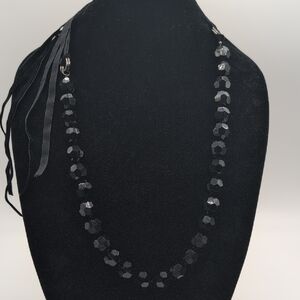 Elegant Black Hexahedron Beaded Ribbon Clasp Necklace